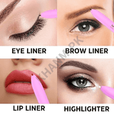 Makeup application with pink liner tool on eyes, brows, lips, and face.