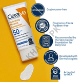 CeraVe hydrating mineral sunscreen tube on a yellow background with product features listed.