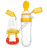Fruit pacifier and spoon feeder with labels on a white background