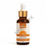Brown bottle of Relax Vitamin C daily serum with dropper on a white background