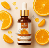 Relax Vitamin C daily serum bottle surrounded by sliced oranges on a beige background
