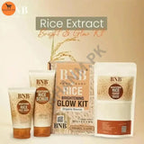BNB Rice Extract Bright & Glow Kit with face wash, scrub, and mask on a beige background