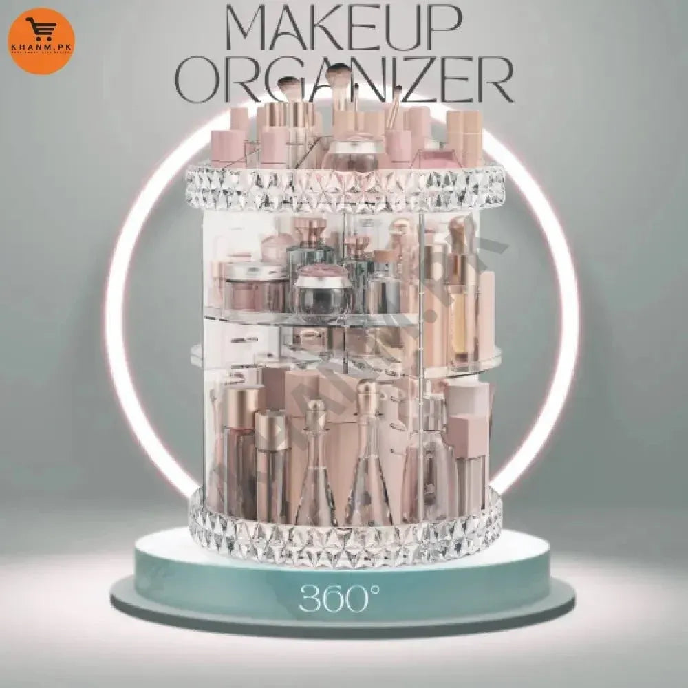 Makeup organizer with various cosmetic items on a gray background