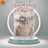 Makeup organizer with various cosmetic items on a gray background