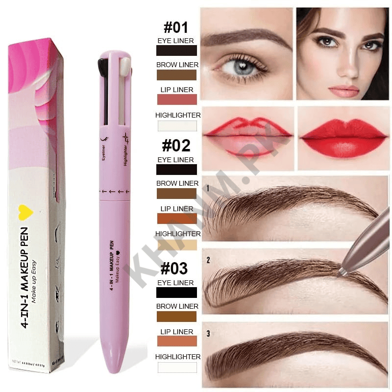 Makeup pen with packaging and color application examples on a white background