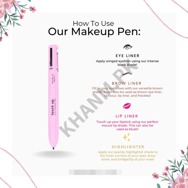 Pink makeup pen with usage instructions on a white background