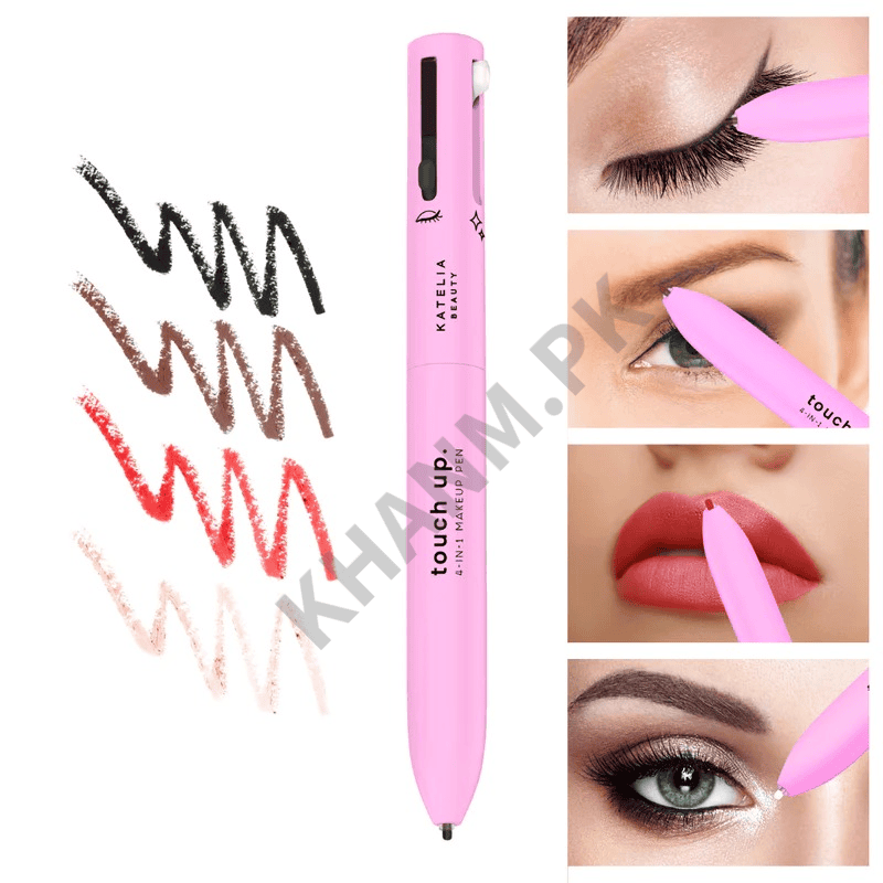 Pink makeup touch-up pen with color swatches and application examples on a white background