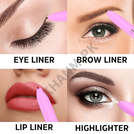 Makeup application with pink liner tool on eyes, brows, lips, and face.