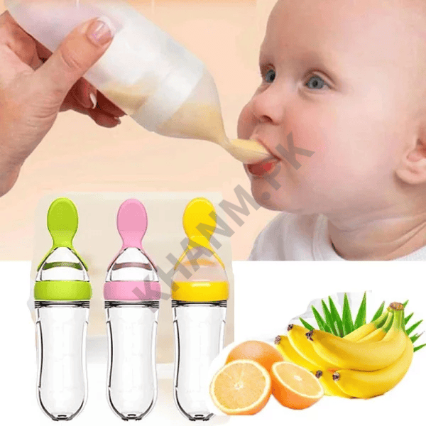 Baby being fed with a spoon, surrounded by colorful baby food feeders and fruits.