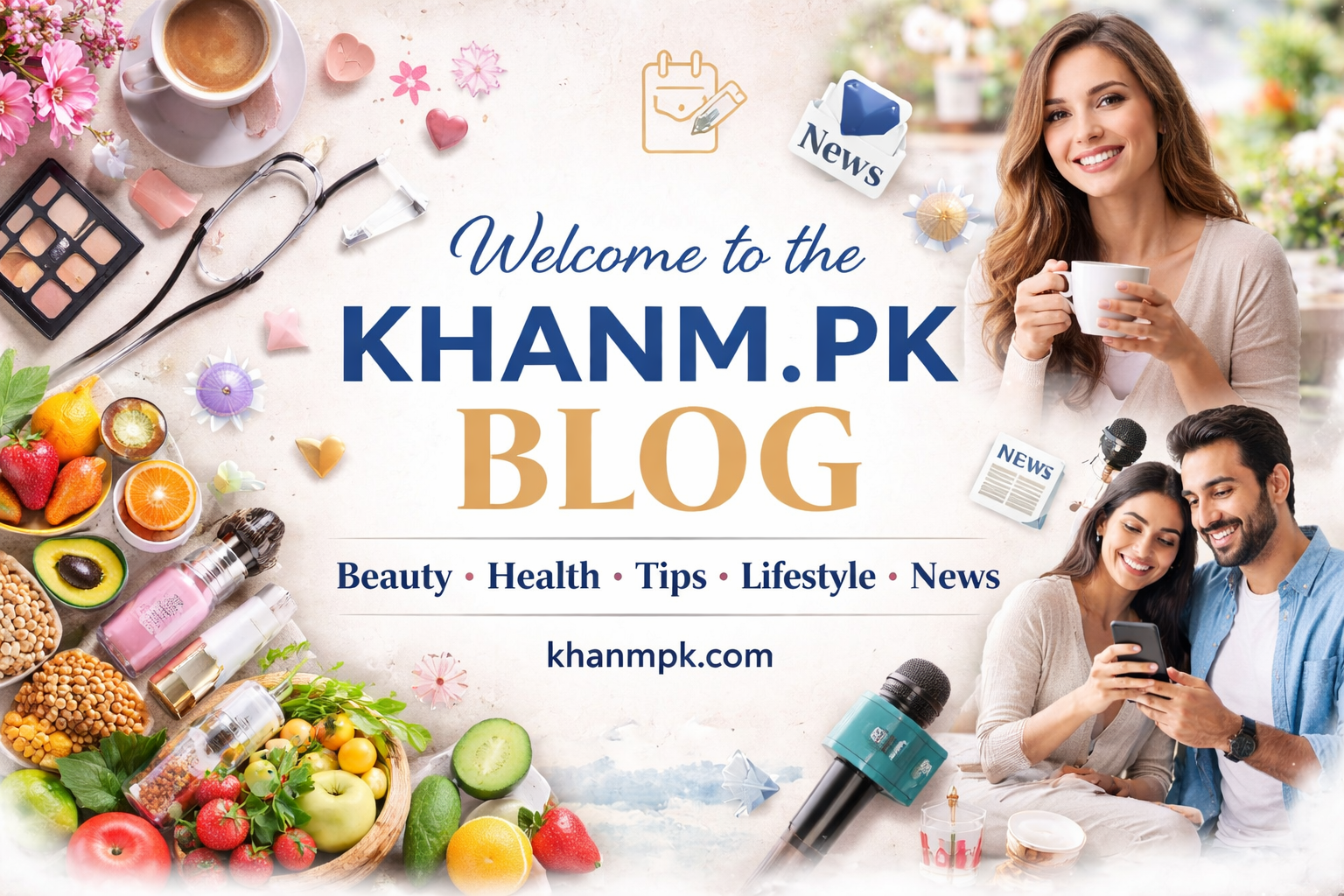 Promotional image for Khanm.pk blog with lifestyle and health-themed elements.