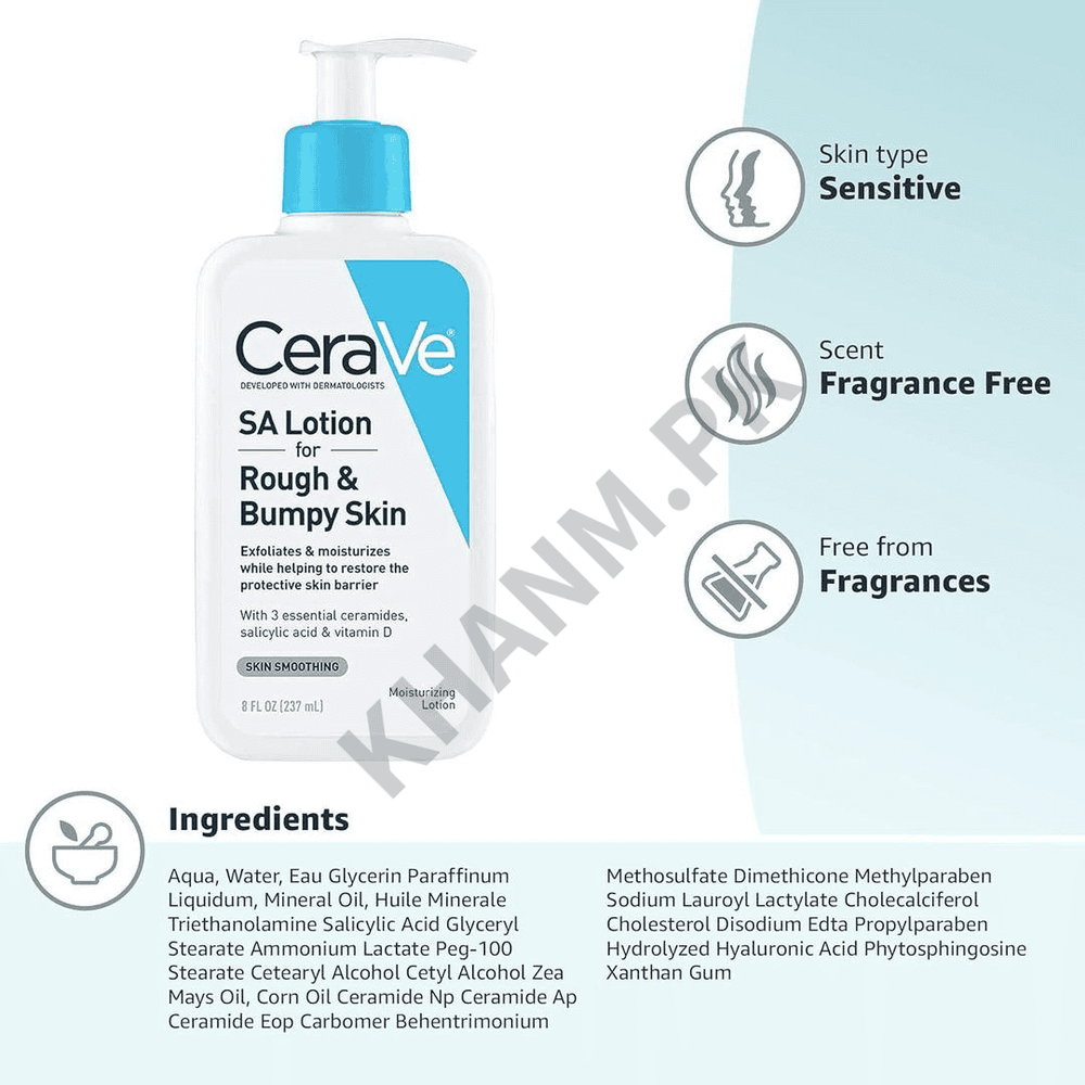 CeraVe SA Lotion for Rough & Bumpy Skin with product details on a white background
