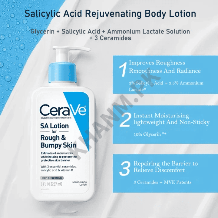 CeraVe SA Lotion for Rough & Bumpy Skin with product details on a white and blue background