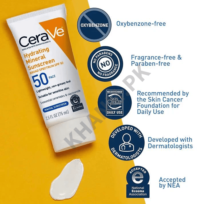 CeraVe hydrating mineral sunscreen tube on a yellow background with product features listed.