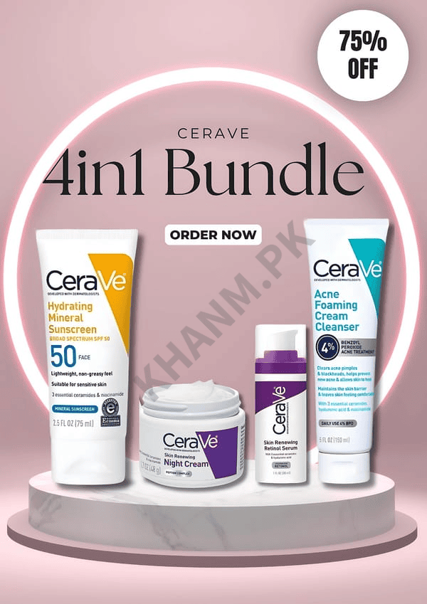 CeraVe skincare products on a pink background with promotional text.
