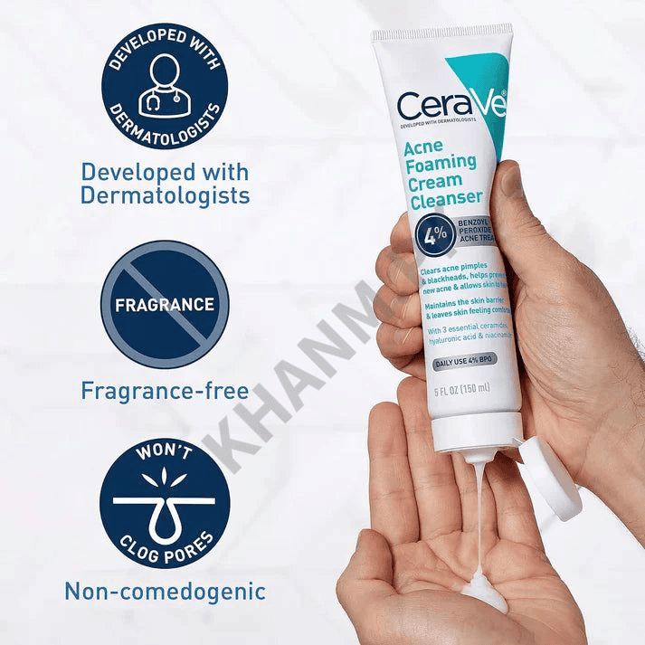 CeraVe Acne Foaming Cream Cleanser being held with text highlighting features on a white background