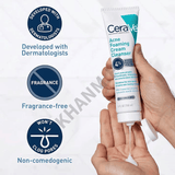 CeraVe Acne Foaming Cream Cleanser being held with text highlighting features on a white background