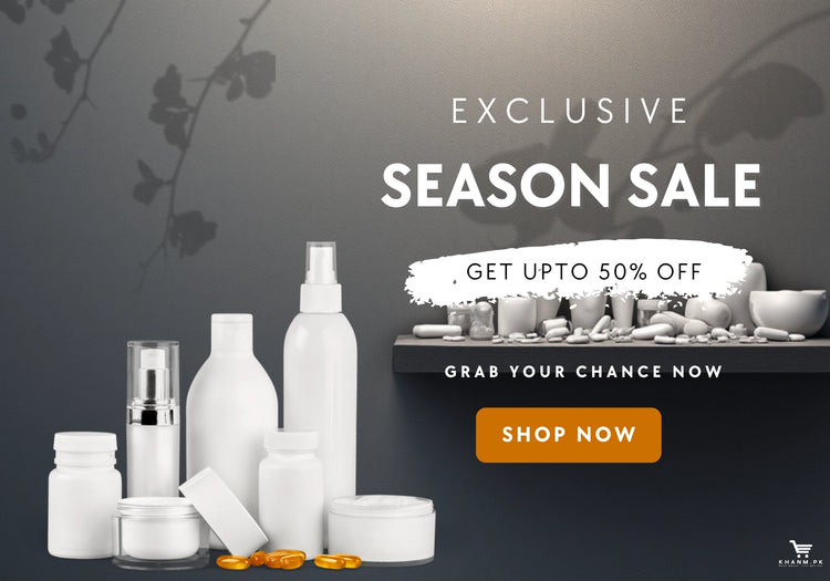 Cosmetic bottles and skincare products with 'Exclusive Season Sale' text on a dark background