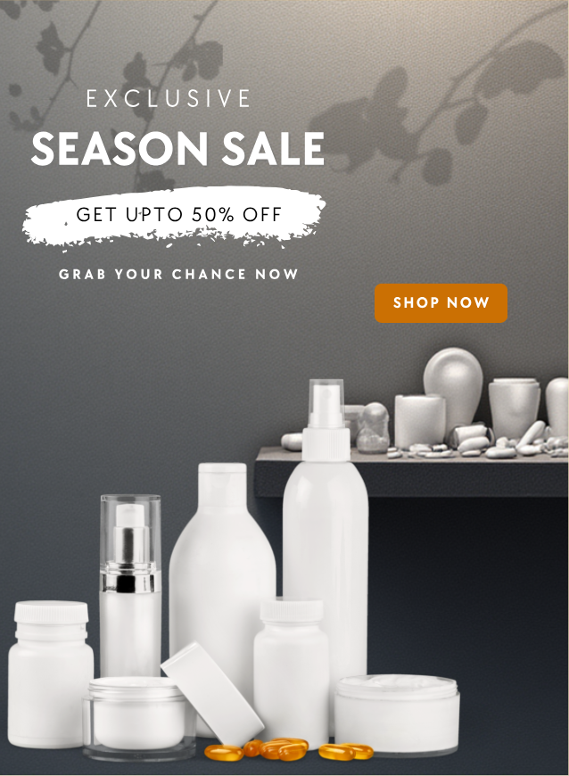 Cosmetic bottles with promotional text for an exclusive season sale on a dark background