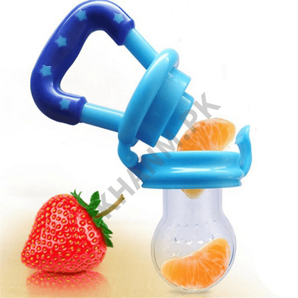 Blue baby fruit feeder with a strawberry and orange slice on a white background