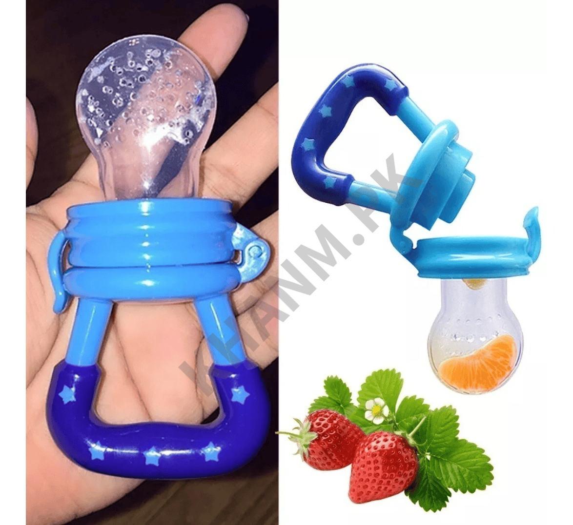 Blue baby fruit feeder held in a hand with additional images of strawberries and orange slices.