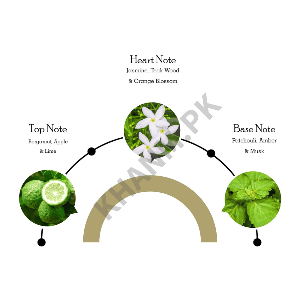 Diagram of a fragrance's top, heart, and base notes with corresponding images of flowers and fruits.