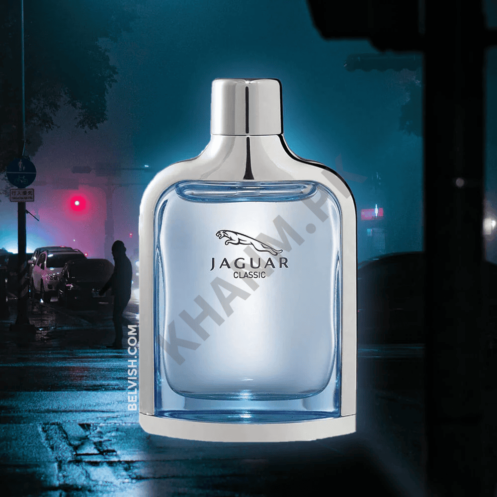 Jaguar Classic perfume bottle with a city street in the background