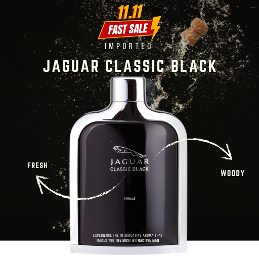 Jaguar Classic Black perfume bottle with product description on a dark background