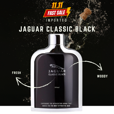 Jaguar Classic Black perfume bottle with product description on a dark background