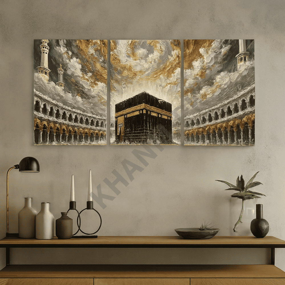 Triptych painting of a religious site on a wall above a wooden console table with decorative items.