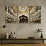 Triptych painting of a religious site on a wall above a wooden console table with decorative items.