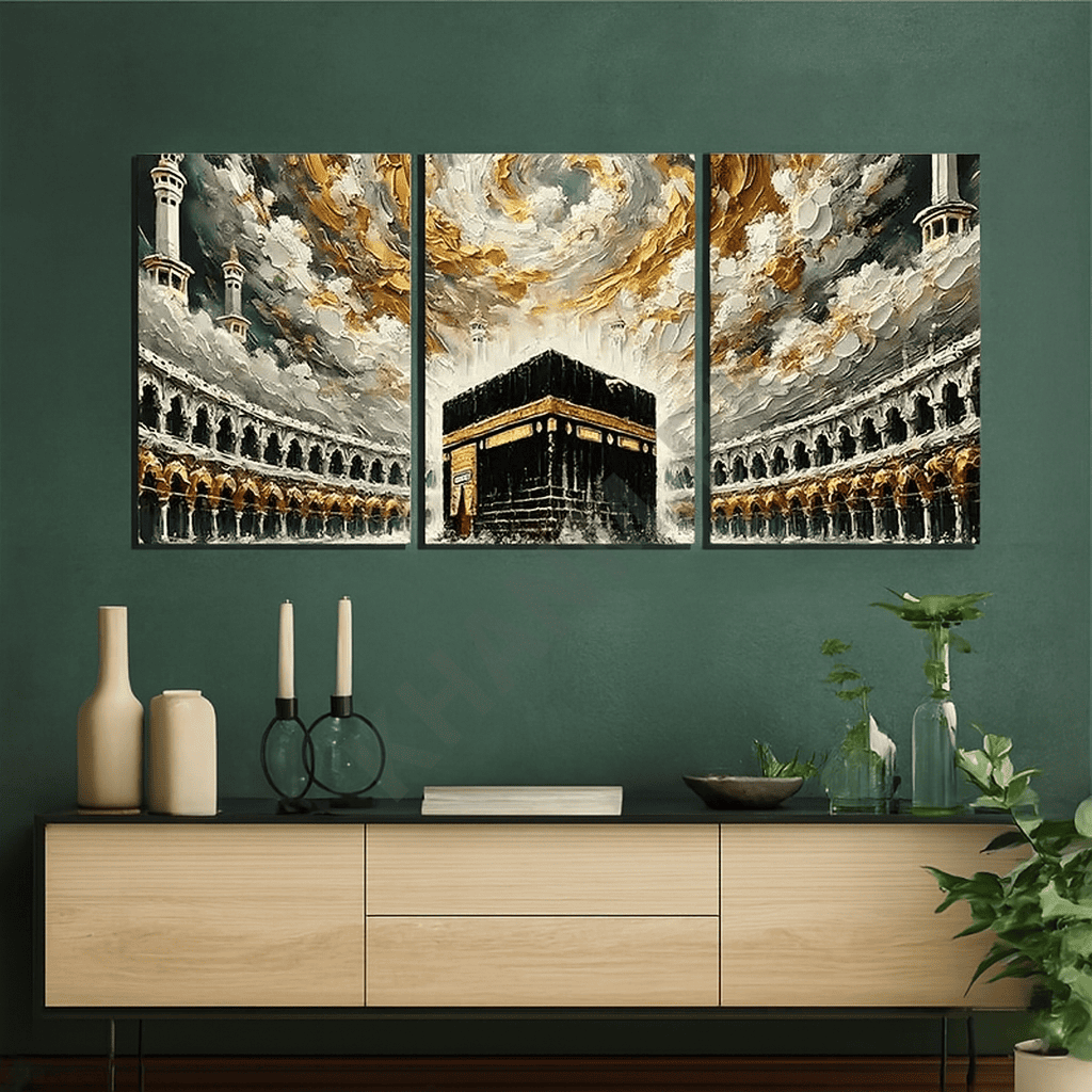 Three-piece wall art set depicting a religious landmark on a green wall above a wooden cabinet.