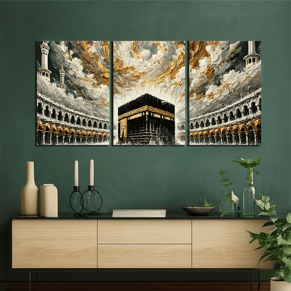 Three-piece wall art set depicting a religious landmark on a green wall above a wooden cabinet.