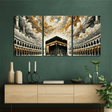 Three-piece wall art set depicting a religious landmark on a green wall above a wooden cabinet.