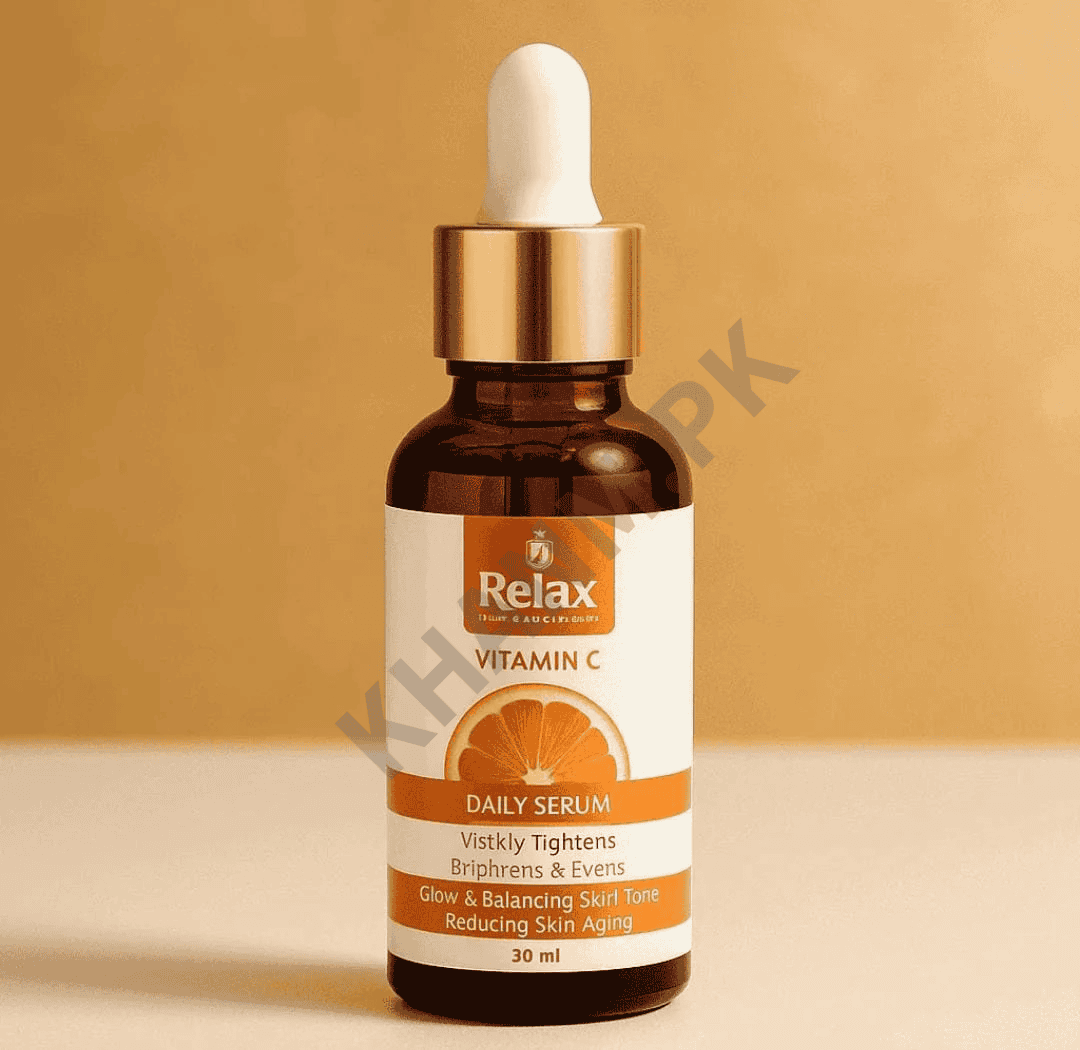 Relax Vitamin C daily serum bottle with dropper on a beige background