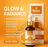 Relax Vitamin C serum bottle and packaging on an orange background with text highlighting product benefits.