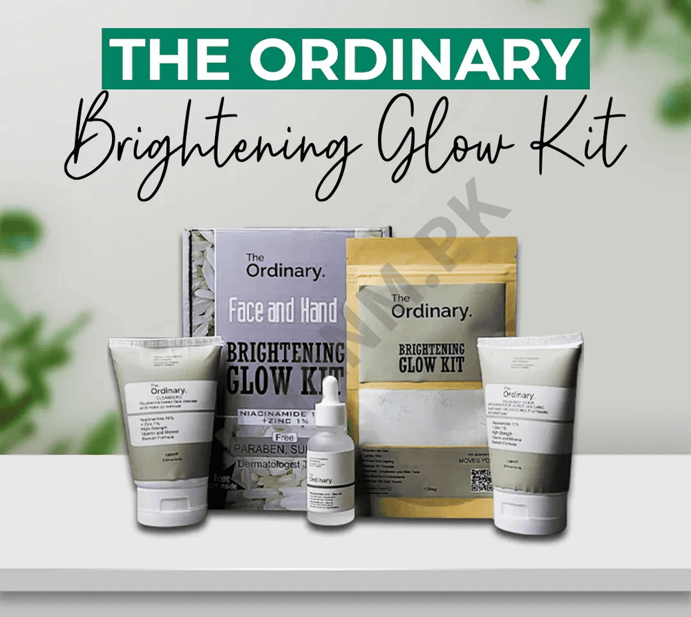The Ordinary Brightening Glow Kit with products and packaging on a white surface.