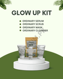 Skincare product set with 'Glow Up Kit' on a white background