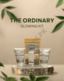 The Ordinary skincare products on a wooden stand with a beige background