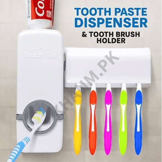 Tooth Paste Dispenser With 5 Brush Holder Wall Mounted Automatic Hands Free Toothpaste Dispenser