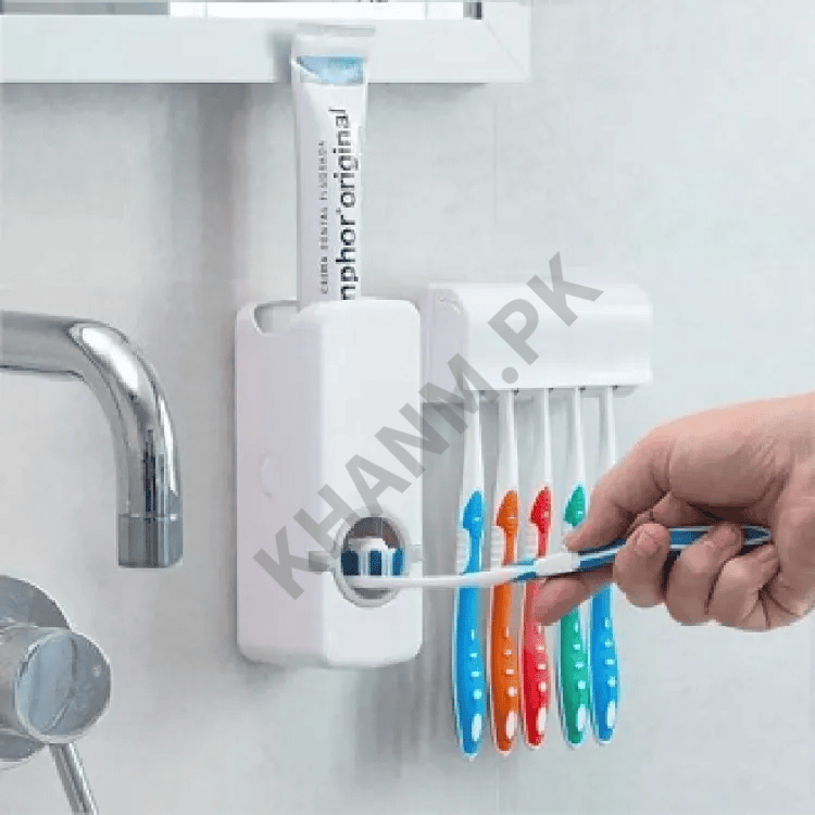 Tooth Paste Dispenser With 5 Brush Holder Wall Mounted Automatic Hands Free Toothpaste Dispenser