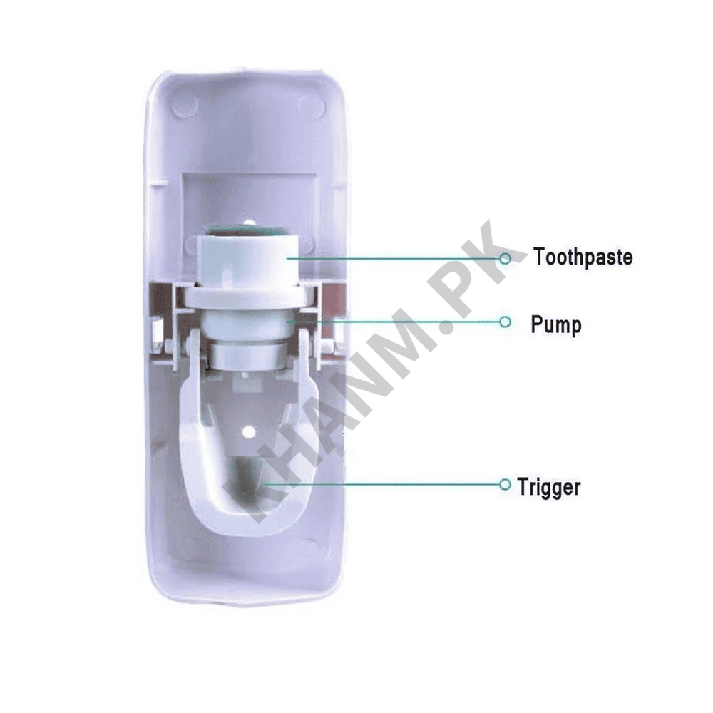 Toothpaste dispenser with labeled parts on a white background