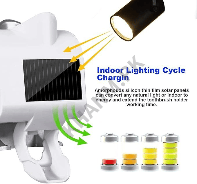 Solar-powered toothbrush holder with indoor lighting cycle charging feature on a white background.