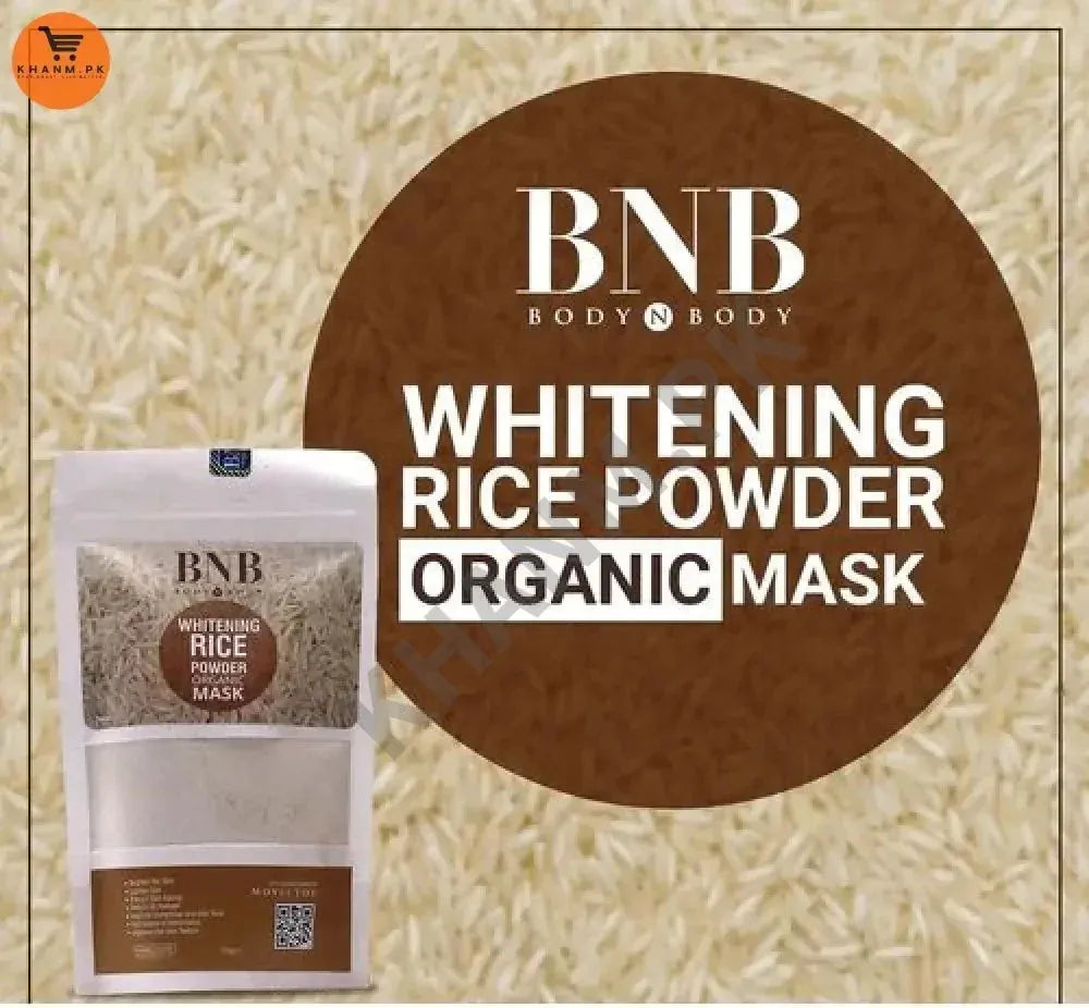 BNB Whitening Rice Powder Organic Mask packaging on a rice background