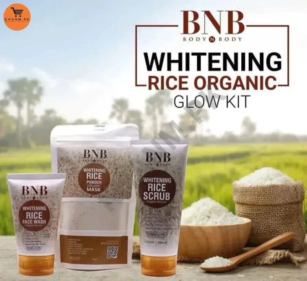 BNB Whitening Rice Organic Glow Kit with rice products and a scenic background