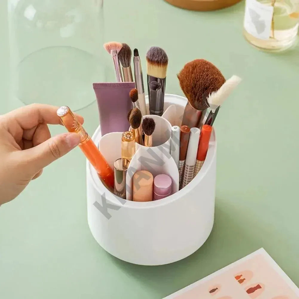 White makeup organizer with various brushes and containers on a light green surface.