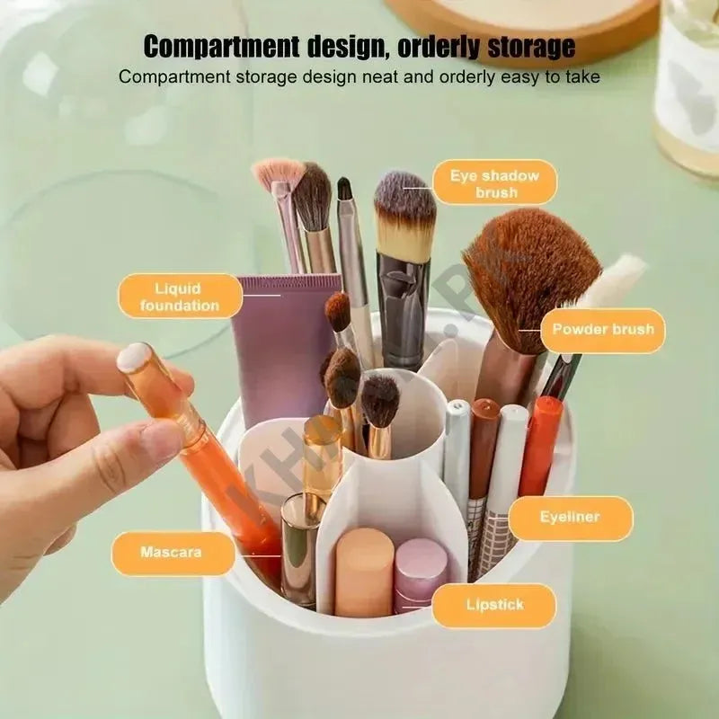 Makeup organizer with labeled compartments on a light green background