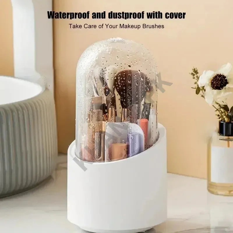 Makeup brush set in a white holder with a cover, on a neutral background.